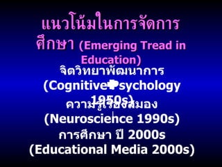 แนวโน้มในการจัดการศึกษา   (Emerging Tread in Education) จิตวิทยาพัฒนาการ  (Cognitive Psychology 1950s) ความรู้เรื่องสมอง  (Neuroscience 1990s) การศึกษา ปี  2000 s (Educational Media 2000s) 
