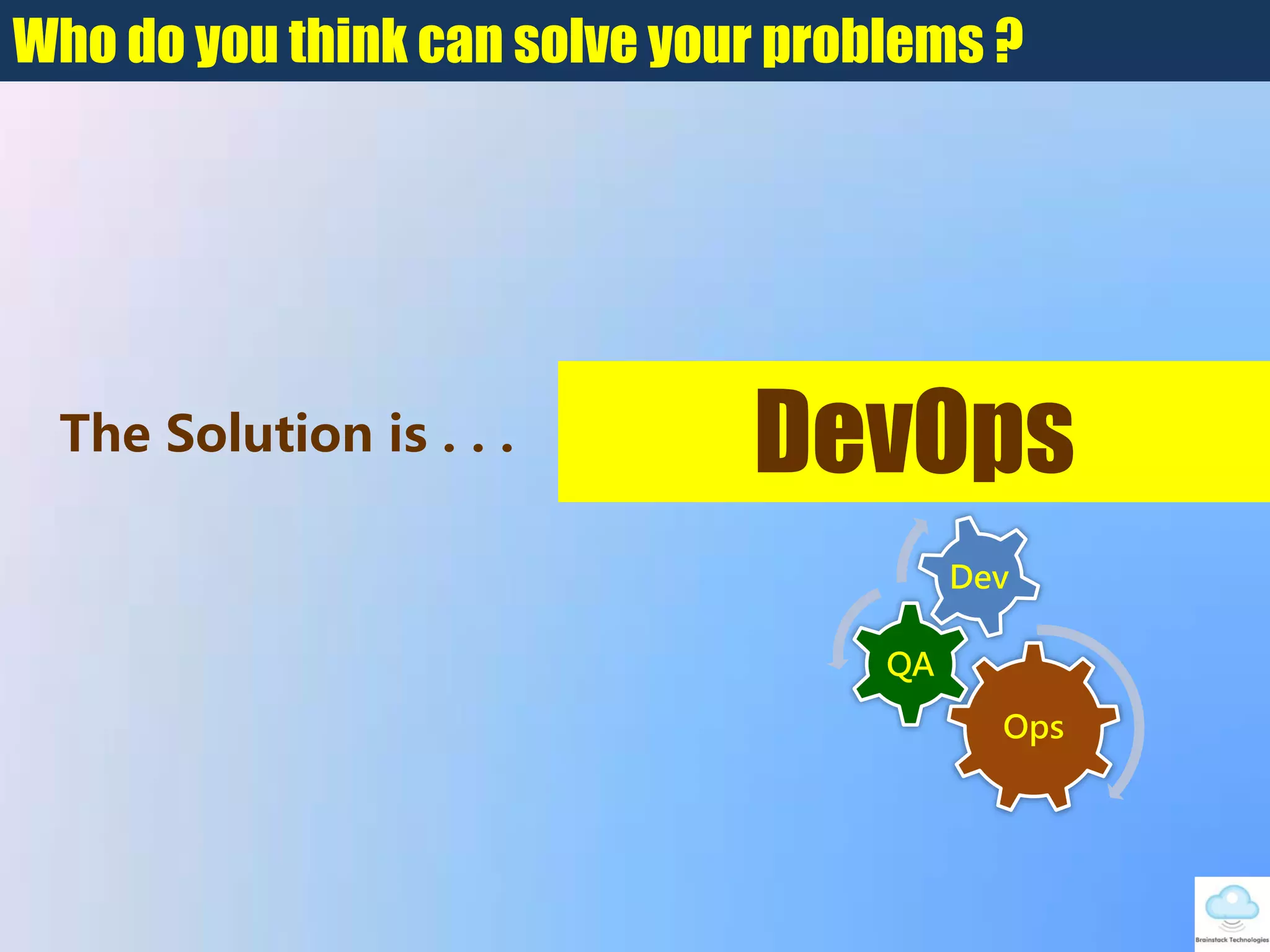 Who do you think can solve your problems ?
The Solution is . . . DevOps
Ops
QA
Dev
 