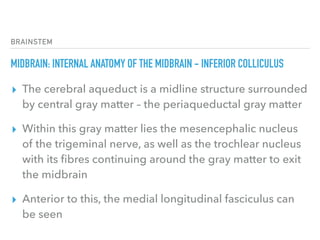 BRAINSTEM
MIDBRAIN: INTERNAL ANATOMY OF THE MIDBRAIN - INFERIOR COLLICULUS
▸ The cerebral aqueduct is a midline structure surrounded
by central gray matter – the periaqueductal gray matter
▸ Within this gray matter lies the mesencephalic nucleus
of the trigeminal nerve, as well as the trochlear nucleus
with its ﬁbres continuing around the gray matter to exit
the midbrain
▸ Anterior to this, the medial longitudinal fasciculus can
be seen
 