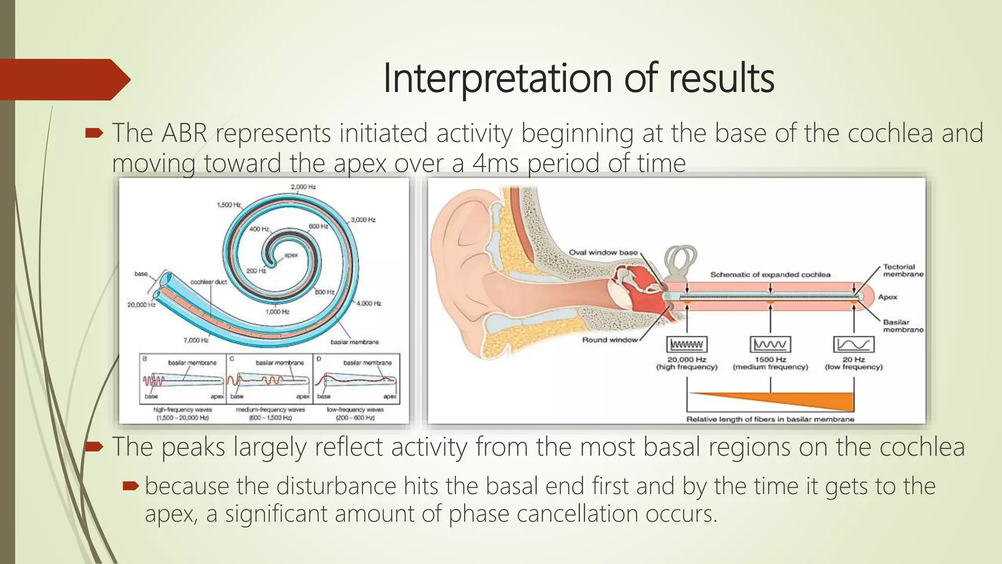Interpretation of results
 The ABR represents initiated activity beginning at the base of the cochlea and
moving toward the apex over a 4ms period of time
 The peaks largely reflect activity from the most basal regions on the cochlea
because the disturbance hits the basal end first and by the time it gets to the
apex, a significant amount of phase cancellation occurs.
 