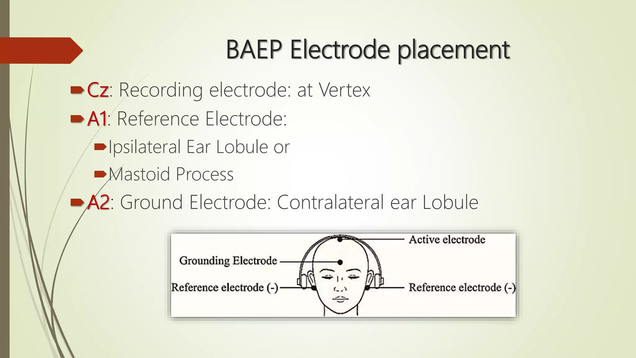 BAEP Electrode placement
Cz: Recording electrode: at Vertex
A1: Reference Electrode:
Ipsilateral Ear Lobule or
Mastoid Process
A2: Ground Electrode: Contralateral ear Lobule
 