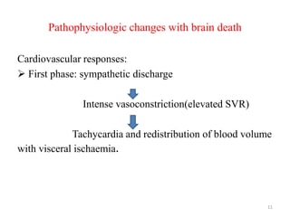 Pathophysiologic changes with brain death
Cardiovascular responses:
 First phase: sympathetic discharge
Intense vasoconstriction(elevated SVR)
Tachycardia and redistribution of blood volume
with visceral ischaemia.
11
 
