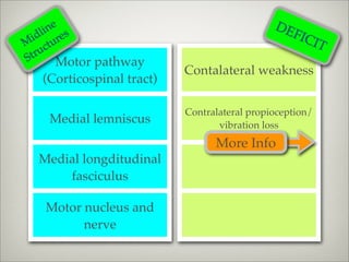 ne s
    li e
                                              DE
  id ur                                           FIC
M ct                                                  I   T
S tru
        Motor pathway
                           Contalateral weakness
   (Corticospinal tract)

                           Contralateral propioception/
    Medial lemniscus              vibration loss
                                 More Info
  Medial longditudinal
      fasciculus

   Motor nucleus and
         nerve
 