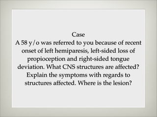 Case
A 58 y/o was referred to you because of recent
  onset of left hemiparesis, left-sided loss of
    propioception and right-sided tongue
deviation. What CNS structures are affected?
    Explain the symptoms with regards to
   structures affected. Where is the lesion?
 