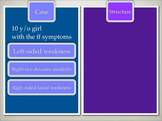 Case                Structure


10 y/o girl
with the ff symptoms

Left-sided weakness

Right eye deviates medially


Righ-sided facial weakness
 