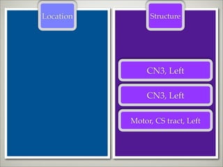 Location        Structure




               CN3, Left

               CN3, Left

           Motor, CS tract, Left
 