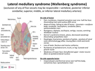 Lateral medullary syndrome (Wallenberg syndrome)
(occlusion of any of five vessels may be responsible—vertebral, posterior inferior
cerebellar, superior, middle, or inferior lateral medullary arteries)
On side of lesion
• Pain, numbness, impaired sensation over one- half the face:
Descending tract and nucleus fifth nerve
• Ataxia of limbs, falling to side of lesion: Uncertain—restiform
body, cerebellar hemisphere, cerebellar fibers,
spinocerebellar tract
• Nystagmus, diplopia, oscillopsia, vertigo, nausea, vomiting:
Vestibular nucleus
• Horner's syndrome (miosis, ptosis, decreased sweating):
Descending sympathetic tract
• Dysphagia, hoarseness, paralysis of palate, paralysis of vocal
cord, diminished gag reflex: Issuing fibers ninth and tenth
nerves
• Loss of taste: Nucleus and tractus solitarius
• Numbness of ipsilateral arm, trunk, or leg: Cuneate and
gracile nuclei
• Weakness of lower face: Genuflected upper motor neuron
fibers to ipsilateral facial nucleus
On side opposite lesion
• Impaired pain and thermal sense over half the body,
sometimes face: Spinothalamic tract
 
