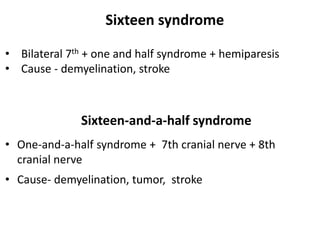 Sixteen-and-a-half syndrome
• One-and-a-half syndrome + 7th cranial nerve + 8th
cranial nerve
• Cause- demyelination, tumor, stroke
Sixteen syndrome
• Bilateral 7th + one and half syndrome + hemiparesis
• Cause - demyelination, stroke
 