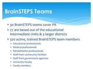 BrainSTEPS Teams

 30 BrainSTEPS teams cover PA
 27 are based out of the educational
 Intermediate Units & 3 larger districts
 320 active, trained BrainSTEPS team members
  Educational professionals
  Medical professionals
  Rehabilitation professionals
  Staff from community facilities
  Staff from government agencies
  University faculty
  Family members
 