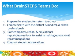 What BrainSTEPS Teams Do:


1. Prepare the student for return to school
2. Communicate with the district & medical, & rehab
   professionals
3. Gather medical, rehab, & educational
   reports/evaluations to assist in making educational
   recommendations
4. Conduct student observations
 