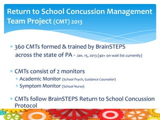 Return to School Concussion Management
Team Project (CMT) 2013


  360 CMTs formed & trained by BrainSTEPS
  across the state of PA - Jan. 15, 2013 (40+ on wait list currently)

  CMTs consist of 2 monitors
    Academic Monitor (School Psych, Guidance Counselor)
    Symptom Monitor (School Nurse)

  CMTs follow BrainSTEPS Return to School Concussion
  Protocol
 