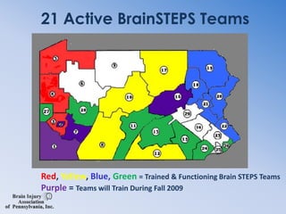 BrainSTEPS Objectives3. Partner with PA brain injury hospitals & rehabilitation providers to promote effective communication & consistent contacts between providers and educators to facilitate successful transition4.  Ensure that brain injured students re-entering school     & those previously identified receive	 appropriate educations5. Explore & direct families to community     resources