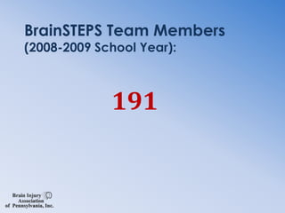 BrainSTEPS Objectives6. Participate in the student’s Regular or Special Education planning process.7.  Offer consistent ongoing consultation with  teachers regarding educational program & strategies.8. Train educational professionals on brain injury effects when a student in their school has been identified
