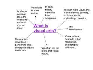 What is visual arts?   Visual art are art forms that visual nature. You can make visual arts to use drawing, painting, sculpture, crafts, printmaking, ceramics.  Visual arts can be made out of filmmaking, photography and video. Its always message about the visual arts and what your art about.  Many artistic disciplines performing arts, conceptual art and textile arts. Visual arts is about culture. In early history there was lot of sculptures. The Renaissance. 