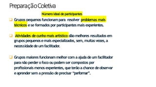 PreparaçãoColetiva
Númeroideal departicipantes
11
 Grupos pequenos funcionampara resolver problemas mais
técnicos ese formados por participantesmais experientes.
 Atividades decunho mais artístico dão melhores resultados em
grupos pequenosemais especializados, sem, muitas vezes,a
necessidadedeumfacilitador
.
 Grupos maiores funcionam melhorcom a ajudadeum facilitador
para não perdero foco oupodem ser compostos por
profissionais menos experientes, queterãoa chance deobservar
eaprendersem a pressão deprecisar “performar”.
 