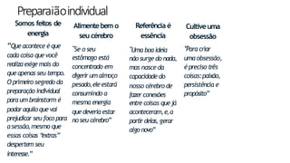 Preparaiãoindividual
Somos feitos de
energia
“Que acontece é que
cada coisa quevocê
realizaexige mais do
queapenas seu tempo.
O primeiro segredo da
preparação individual
para um brainstorm é
podaraquiloque vai
a sessão,mesmo que
essas coisas “
extras”
despertem seu
interesse.”
Alimentebem o
seu cérebro
"Se o seu
estômago está
concentrado em
digerir um almoço
pesado,eleestará
consumindo a
mesma energia
quedeveria estar
prejudicar seu foco para no seu cérebro”
Referência é
essência
"Uma boa ideia
não surge do nada,
mas nasce da
capacidade do
nosso cérebro de
fazer conexões
entre coisas quejá
aconteceram,e,a
partirdelas, gerar
algo novo”
6
Cultiveuma
obsessão
“
Para criar
uma obsessão,
épreciso três
coisas:paixão,
persistência e
propósito”
 