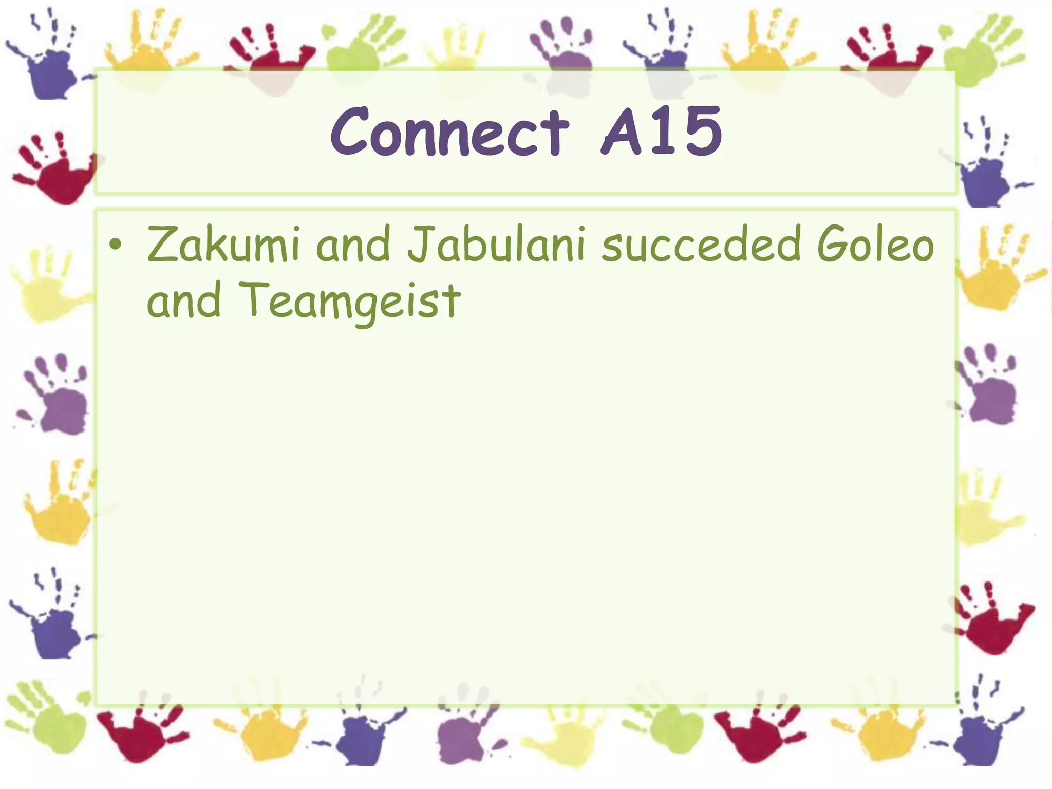 Connect A15Zakumi and JabulanisuccededGoleo and Teamgeist