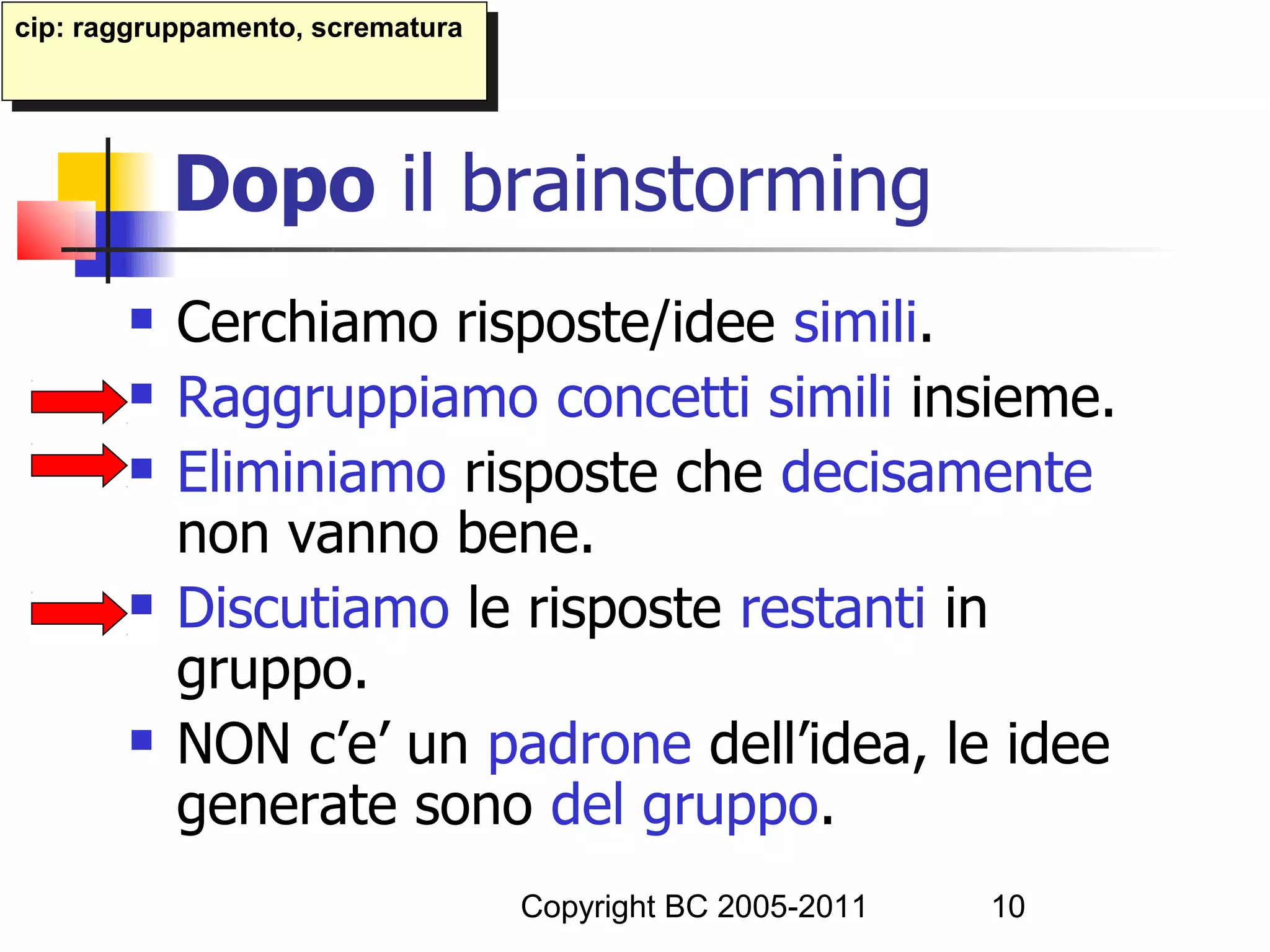 cip: raggruppamento, scrematura
 cip: raggruppamento, scrematura




           Dopo il brainstorming
          Cerchiamo risposte/idee simili.
          Raggruppiamo concetti simili insieme.
          Eliminiamo risposte che decisamente
           non vanno bene.
          Discutiamo le risposte restanti in
           gruppo.
          NON c’e’ un padrone dell’idea, le idee
           generate sono del gruppo.
                                   Copyright BC 2005-2011   10
 