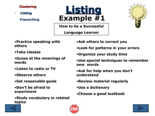 Clustering Listing Example #1 How to be a Successful Language Learner Practice speaking with others Take classes Guess at the meanings of words Listen to radio or TV Observe others Set reasonable goals Don’t be afraid to experiment Study vocabulary in related topics Ask others to correct you Look for patterns in your errors Organize your study time Use special techniques to remember new  words Ask for help when you don’t understand Review material regularly Use a dictionary Choose a good textbook Listing Freewriting 