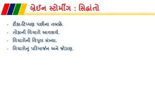 બ્રેઈન સ્ટોમીંગ : તસદ્ધાાંતો
- ટીકા-રટપ્પણ પછીના તબક્કે.
- તોફાની તિચાિો આિકાયન.
- તિચાિોની તિપુલ સાંખ્યા.
- તિચાિોનુાં પરિમાર્જન અને જોડાણ.
 