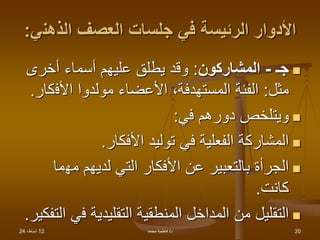12
،‫شباط‬
24 ‫د‬
/
‫محمد‬ ‫فاطمة‬ 20
‫الذهن‬ ‫العصف‬ ‫جلسات‬ ‫في‬ ‫الرئيسة‬ ‫األدوار‬
‫ي‬
:

‫جـ‬
-
‫المشاركون‬
:
‫أخرى‬ ‫أسماء‬ ‫عليهم‬ ‫يطلق‬ ‫وقد‬
‫مثل‬
:
‫األف‬ ‫مولدوا‬ ‫األعضاء‬ ،‫المستهدفة‬ ‫الفئة‬
‫كار‬
.

‫في‬ ‫دورهم‬ ‫ويتلخص‬
:

‫األفكار‬ ‫توليد‬ ‫في‬ ‫الفعلية‬ ‫المشاركة‬
.

‫مه‬ ‫لديهم‬ ‫التي‬ ‫األفكار‬ ‫عن‬ ‫بالتعبير‬ ‫الجرأة‬
‫ما‬
‫كانت‬
.

‫ف‬ ‫التقليدية‬ ‫المنطقية‬ ‫المداخل‬ ‫من‬ ‫التقليل‬
‫التفكير‬ ‫ي‬
.
 