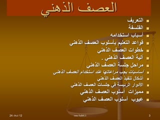 12
،‫شباط‬
24 ‫د‬
/
‫محمد‬ ‫فاطمة‬ 3
‫الذهني‬ ‫العصف‬

‫التعريف‬

‫الفلسفة‬

‫استخدامه‬ ‫أسباب‬

‫الذهني‬ ‫العصف‬ ‫بأسلوب‬ ‫التعليم‬ ‫قواعد‬

‫الذهني‬ ‫العصف‬ ‫خطوات‬

‫الذهني‬ ‫العصف‬ ‫آلية‬
.

‫الذهني‬ ‫العصف‬ ‫جلسة‬ ‫مراحل‬

‫الذهني‬ ‫العصف‬ ‫استخدام‬ ‫عند‬ ‫مراعاتها‬ ‫يجب‬ ‫أساسيات‬

‫الذهني‬ ‫العصف‬ ‫تنفيذ‬ ‫أشكال‬

‫الذهني‬ ‫العصف‬ ‫جلسات‬ ‫في‬ ‫الرئيسة‬ ‫األدوار‬

‫مميزات‬
‫الذهني‬ ‫العصف‬ ‫أسلوب‬

‫عيوب‬
‫الذهني‬ ‫العصف‬ ‫أسلوب‬
 