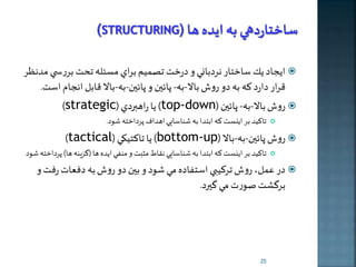 ايجاد ير ساختار نردباني و درخت تصميم براي مسئله تحت بررب ي مدنظر  
قرار دارد كه به دو روش بالا-به- پائين و پائين-به-بالا قابل انجام است. 
)strategic( يا راهبردي )top-down( روش بالا-به- پائين  
تاكيد بر اينست كه ابتدا به شناسا ي اهداف پرداخته شود.  
)tactical( يا تاكتيري )bottom-up( روش پائين-به-بالا  
تاكيد بر اينست كه ابتدا به شناسا ي نقاط مثبت و منفي ايده ها )گزينه ها( پرداخته شود  
در عمل، روش تركيبي استفاده مي شود و بين دو روش به دفعات رفت و  
برگلت صورت مي گيرد. 
25 
 
