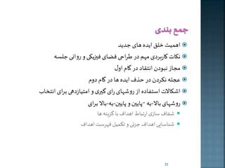 اهمیت خلق اخده های جدخد  
نکات کاربردی مهم در طراحی فضای في خک و روان جلسه  
مجاز نبودن انتقاد در گام اول  
عجله نکردن در حذف اخده ها در گام دوم  
اشکالات استفاده از روشهای رای گيری و امتیازدهی برای انت ا  
روشهای بالا-به –پاخين و پاخين-به-بالا برای  
شفاف سازی ارتباط اهداف با گزینه ها  
شناسای اهداف جزئ و تکمیل فهرست اهداف  
31 
 