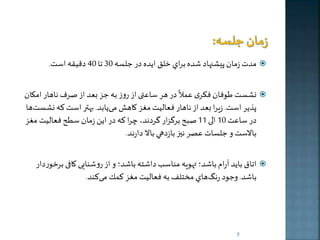 مدت زمان پيلنهاد شده براي خلق ايده در جلسه 30 تا 40 دقیقه است.  
ً 
نلست طوفان فکری عملا ران 
پذخر است. زیرا بعد از ناهار فعالیت مغز كاهش م خابد. بهطر است كه نلست ها 
در ساعت 10 ا ی 11 صبح برگزار گردند، را كه در اخن زمان سطح فعالیت مغز 
بالاست و جلسات عصر ني بازدهي بالا دارند. 
در هر ساعتی از روز به جز بعد از صرف ناهار ام  
اتاق باخد آرام باشد؛ تهویه مناس داشته باشد؛ و از روشنای كافی ب رخوردار  
باشد. وجود رنگ هاي م تلف به فعالیت مغز كمر م كند. 
7 
 
