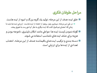 خلق ايده: هدف از اين مرحله، توليد ير گروه بزرگ و انبوه از ايده هاست.  
در طهههي ايهههن مرحلهههه، مهمطهههرين يههه ، پرهيههه از انتقههههاد از ايهههده هاسهههت. ارزيهههابي ايهههده هههها بايهههد تهههها  
زماني كه اعضاي تيم قبول كنند كه ايده ديگري به نظر آنها نمي رسد به تعويق بيفتد. 
كوتههاه نمههودن ليسههت ايههده ههها: عههوام ي ماننههد امرههان ناپههذيري، ناموجههه بههودن و  
هزينه براي حذف ايده هاي نامناس استفاده مي شوند. 
دسههههته بنههههدي و تركيهههه ايههههده ههههههاي باقيمانههههده: هههههدف از ايههههن مرحلههههه، انت ههههها  
تعدادي از ايده ها براي ارزيابي است. 
8 
 