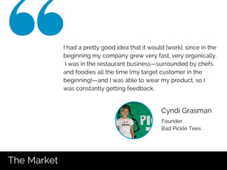 Founder
Bad Pickle Tees
Cyndi Grasman
I had a pretty good idea that it would [work], since in the
beginning my company gre...