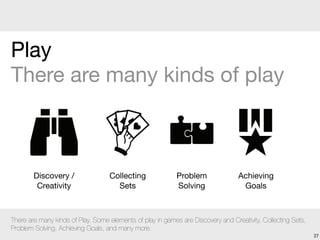 There are many kinds of Play. Some elements of play in games are Discovery and Creativity, Collecting Sets,
Problem Solvin...