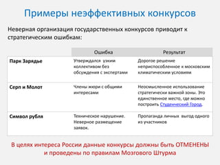 Российская действительность
Конкурсы проводятся с нарушение принципов социального,
демократического и развитого общества

Группа заинтересованных лиц, отобранная организаторами
Без публичных обсуждений с обществом и экспертами

Без учета социальных нужд и стратегий
Без контроля со стороны независимого наблюдательного совета

 