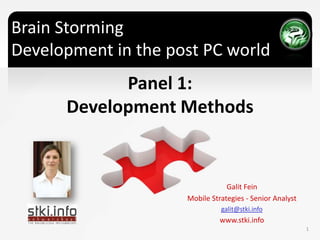 Brain StormingDevelopment in the post PC world Panel 1: Development Methods  Galit Fein Mobile Strategies - Senior Analyst galit@stki.info www.stki.info 1 