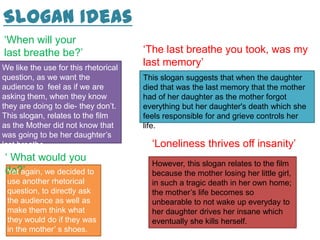 Slogan Ideas
‘The last breathe you took, was my
last memory’
‘When will your
last breathe be?’
‘Loneliness thrives off insanity’
‘ What would you
do?’Yet again, we decided to
use another rhetorical
question, to directly ask
the audience as well as
make them think what
they would do if they was
in the mother’ s shoes.
However, this slogan relates to the film
because the mother losing her little girl,
in such a tragic death in her own home;
the mother’s life becomes so
unbearable to not wake up everyday to
her daughter drives her insane which
eventually she kills herself.
This slogan suggests that when the daughter
died that was the last memory that the mother
had of her daughter as the mother forgot
everything but her daughter's death which she
feels responsible for and grieve controls her
life.
We like the use for this rhetorical
question, as we want the
audience to feel as if we are
asking them, when they know
they are doing to die- they don’t.
This slogan, relates to the film
as the Mother did not know that
was going to be her daughter’s
last breathe.
 