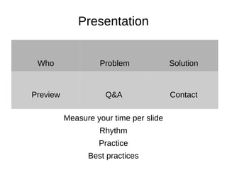 Presentation
Who Problem Solution
Preview Q&A Contact
Measure your time per slide
Rhythm
Practice
Best practices
 