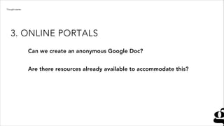 Can we create an anonymous Google Doc?
!
Are there resources already available to accommodate this?
3. ONLINE PORTALS
Thought starter
 