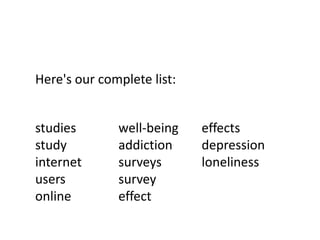 Here's our complete list:


studies       well-being    effects
study         addiction     depression
internet      surveys       loneliness
users         survey
online        effect
 