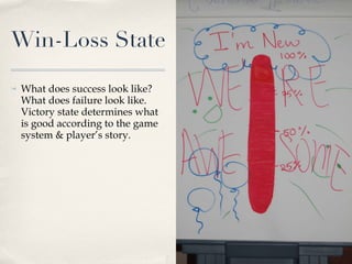 Win-Loss State What does success look like? What does failure look like. Victory state determines what is good according to the game system & player’s story. 