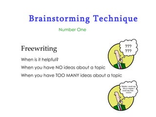 Number One Freewriting When is it helpful? When you have NO ideas about a topic When you have TOO MANY ideas about a topic Brainstorming Technique Maybe I could say this or maybe I could say that… hmmm ?????? 