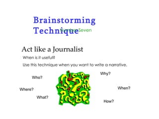 Brainstorming Technique Number Seven Act like a Journalist When is it useful? Use this technique when you want to write a narrative. Who?  When?  What?  Where?  Why?  How?  
