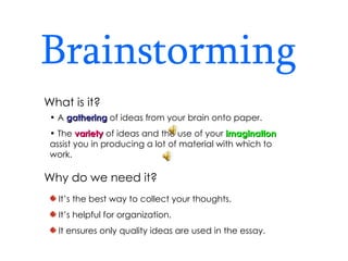 Brainstorming What is it? Why do we need it? A  gathering  of ideas from your brain onto paper. The  variety  of ideas and the use of your  imagination  assist you in producing a lot of material with which to work. It’s the best way to collect your thoughts. It’s helpful for organization. It ensures only quality ideas are used in the essay. 