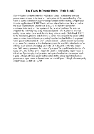 The Fuzzy Inference Rules ( Rule Block )
Now we define the fuzzy inference rules (Rule Block 1 RB1) to the first four
parameters mentioned in the table no 1 as inputs with the physical quality of the
water as output in the following way using Mamdani method Table 2 Output result
from the application of IF THEN rules,with membership function. Now we define
the fuzzy inference rules (Rule Block 2 RB2) to the next five parameters
mentioned in the table no 1 as inputs with the chemical quality of the water as
output in the following way using Mamdani method Table 3 Analyses of water
quality output values Now we define the fuzzy inference rules (Rule Block 3 RB3)
to the parameters, physical and chemical as inputs with the complete quality of the
water as output in the following way using Mamdani method Table 4 Analyses of
water quality output values STEP: 4 Defuzzification : Defuzzification is processes
to get a non fuzzy control action that best represent the possibility distribution of an
inferred fuzzy control action [12]. CENTRE OF AREA METHOD The widely
used COA strategy generates the centre of gravity of the possibility distribution of a
fuzzy set C .The method gives . Figure 11 Graph of water quality output values In
this above figure the physical parameter as input values.It shows the out put result.
Figure 12 Graph of water quality output values In this above figure the chemical
parameter as input values.It shows the out put result Figure 13 Graph of water quality
output values 7.0 RESULT AND
 
