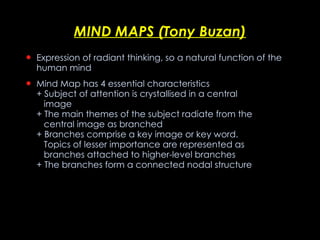 MIND MAPS (Tony Buzan) Expression of radiant thinking, so a natural function of the human mind Mind Map has 4 essential characteristics + Subject of attention is crystallised in a central    image + The main themes of the subject radiate from the    central image as branched + Branches comprise a key image or key word.    Topics of lesser importance are represented as    branches attached to higher-level branches + The branches form a connected nodal structure  