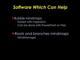 Software Which Can Help Bubble mindmaps Fastest with Inspiration  Can be done with PowerPoint or Visio Roots and branches mindmaps MindManager  
