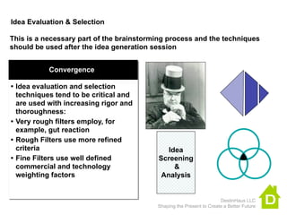 Idea Evaluation & Selection

This is a necessary part of the brainstorming process and the techniques
should be used after the idea generation session


           Convergence

• Idea evaluation and selection
  techniques tend to be critical and
  are used with increasing rigor and
  thoroughness:
• Very rough filters employ, for
  example, gut reaction
• Rough Filters use more refined
  criteria                                   Idea
• Fine Filters use well defined           Screening
  commercial and technology                    &
  weighting factors                        Analysis


                                                                      DestinHaus LLC
                                          Shaping the Present to Create a Better Future
 