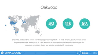 Since 1981, Oakwood has served over 11,000 organizations globally – in North America, South America, United
Kingdom and Europe. Based out of St. Louis, Missouri, we provide world class advisors, technologists and
consultants to architect, deploy and optimize our client’s I.T. investments.
Oakwood
 