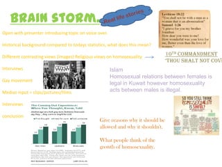 Brain storm.
Open with presenter introducing topic on voice over.
Historical background compared to todays statistics, what does this mean?

Different contrasting views (images) Religious views on homosexuality
Interviews
Gay movement
Medias input = clips/pictures/films

Islam
Homosexual relations between females is
legal in Kuwait however homosexuality
acts between males is illegal.

Interviews
conclusion

10th Commandment
‘Thou shalT noT cove

Give reasons why it should be
allowed and why it shouldn't.
What people think of the
growth of homosexuality.

 