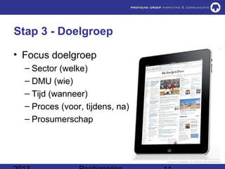 Stap 3 - Doelgroep

• Focus doelgroep
  – Sector (welke)
  – DMU (wie)
  – Tijd (wanneer)
  – Proces (voor, tijdens, na)
  – Prosumerschap
 