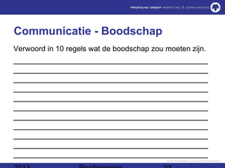 Communicatie - Boodschap
Verwoord in 10 regels wat de boodschap zou moeten zijn.
________________________________________
________________________________________
________________________________________
________________________________________
________________________________________
________________________________________
________________________________________
________________________________________
________________________________________
________________________________________
________________________________________
 